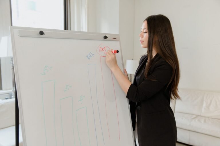 Asian businesswoman presenting data on a whiteboard in a modern office setting.