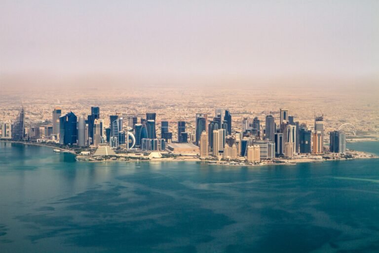 Stunning aerial view of the Doha skyline under a clear sky, showcasing modern architecture in Qatar.