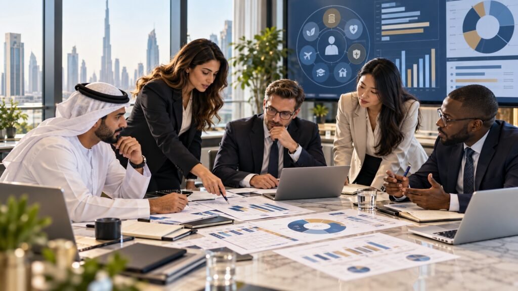 HR reward specialists reviewing compensation structures and benefits strategy