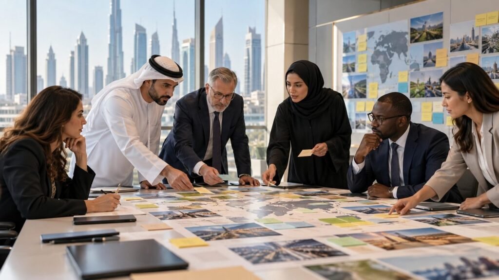 Strategy professionals considering future scenarios and strategic options