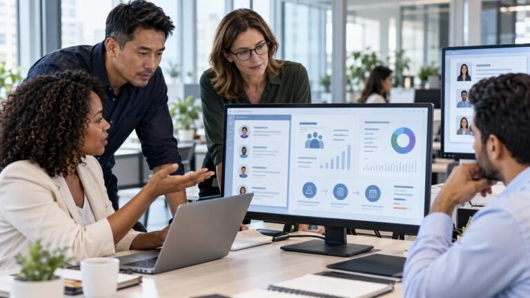 HR professionals reviewing AI-assisted work with human oversight