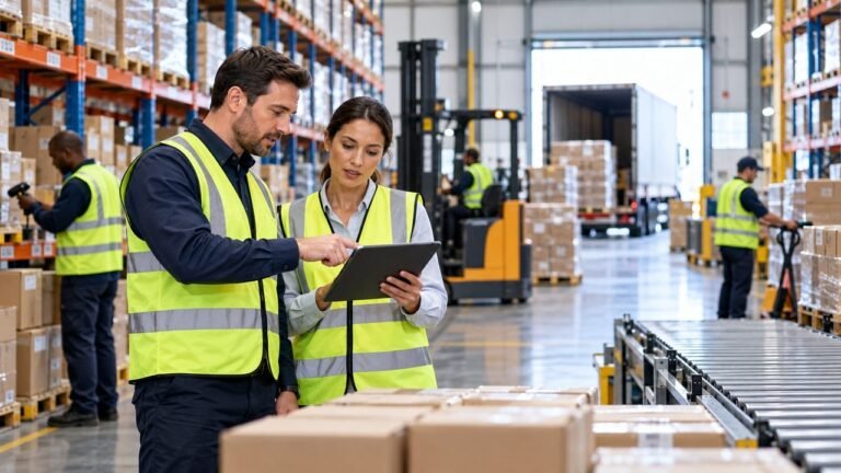 Warehouse managers reviewing inventory flow and distribution operations
