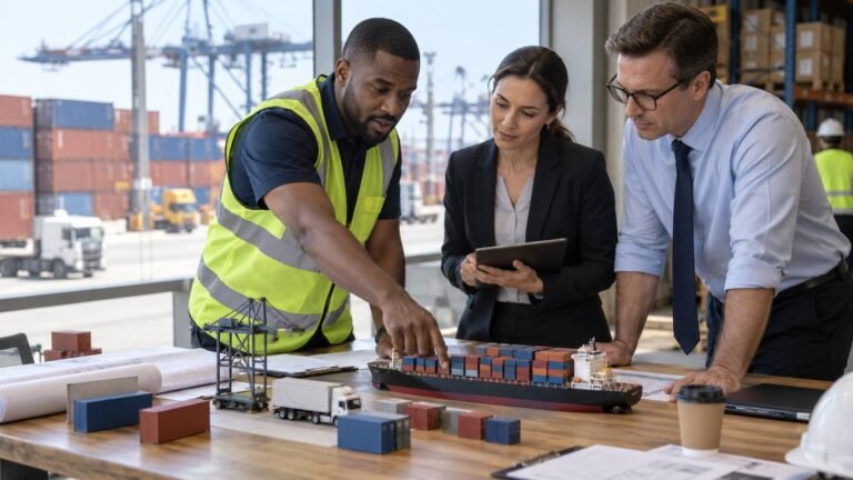 Supply chain professionals coordinating logistics across warehouse and transport operations
