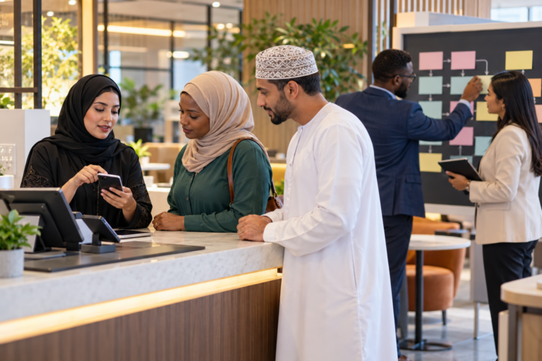 Financial inclusion specialists observing digital financial service access in a modern fintech service environment