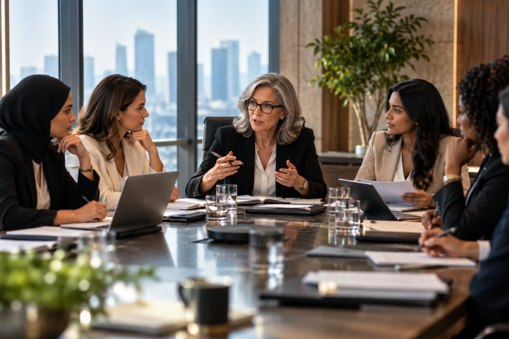 Experienced women executives taking part in a formal board governance simulation