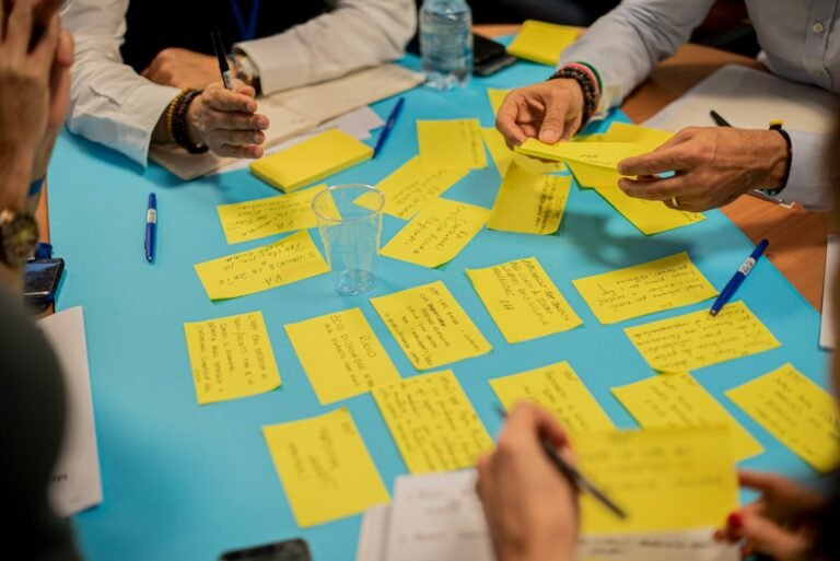 Team creativity and innovation workshop with ideas and sticky notes