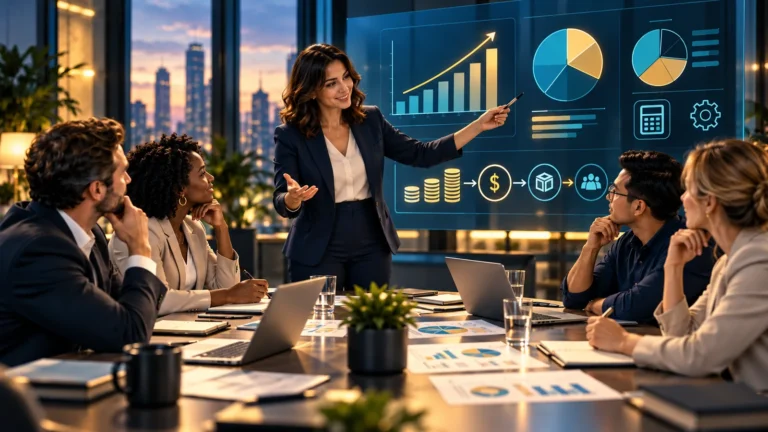 Training group exploring financial measures and business decision-making