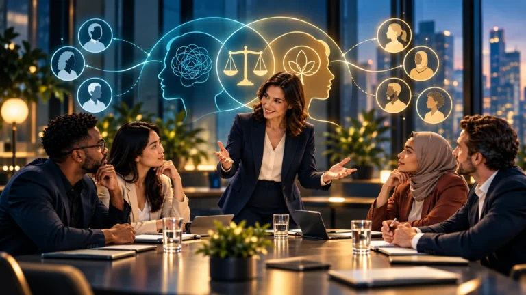 Diverse professionals examining perspectives and inclusive decision-making in a workshop