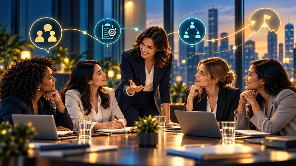 Women professionals designing structured mentorship and development pathways