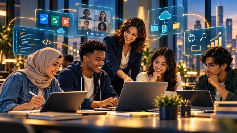 Young adult learners exploring digital collaboration and workplace software skills