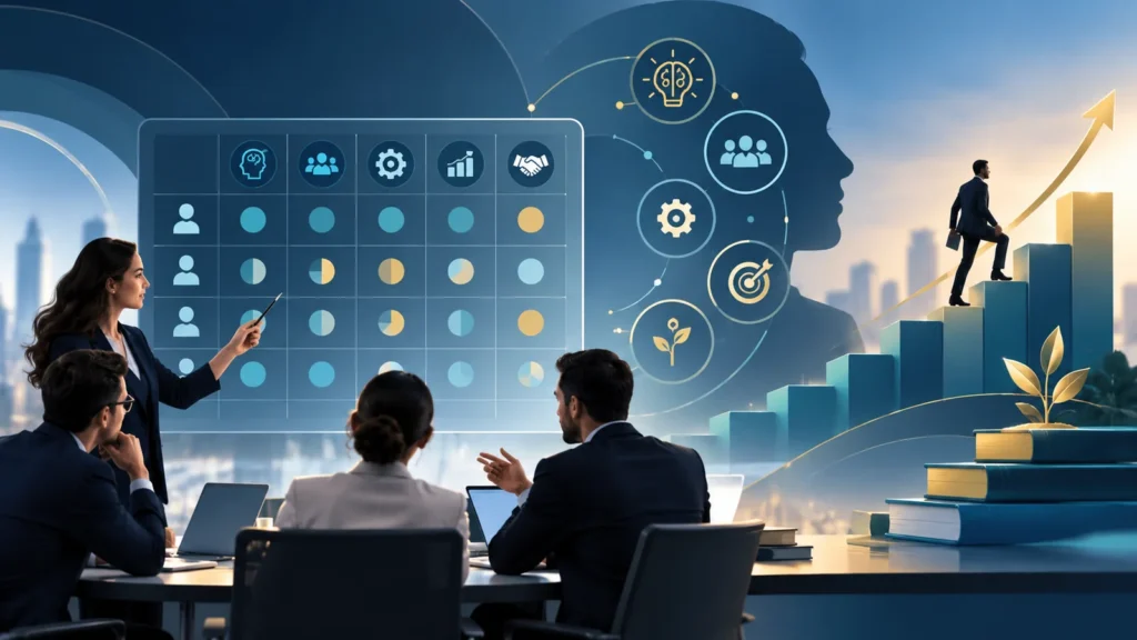 HR professionals review competency frameworks and skills development