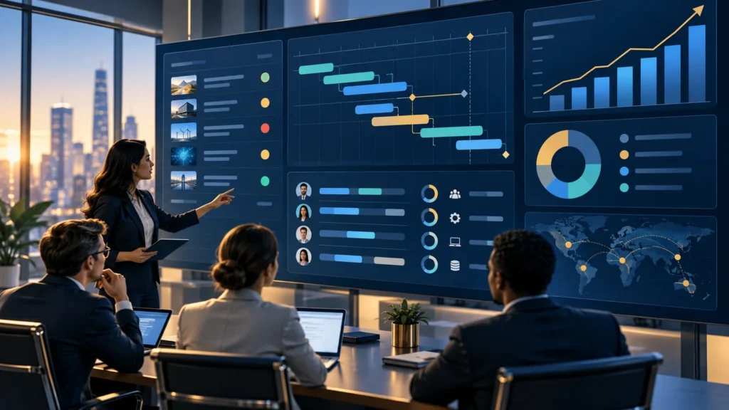 Colleagues review business-process dashboards to identify operational problems
