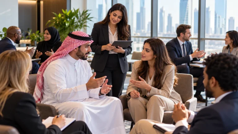 Multinational professionals practising workplace communication during a training discussion