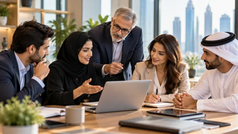 Professionals discussing ideas confidently and respectfully in a workplace meeting