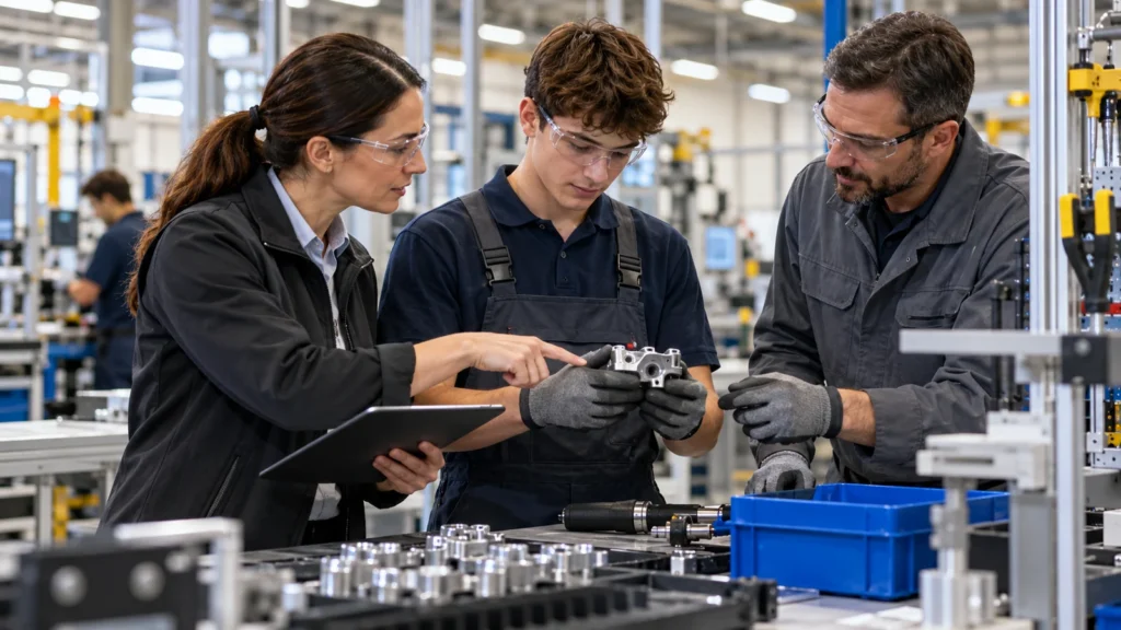 Internship supervisor guiding an adult trainee through a structured industrial workplace learning task