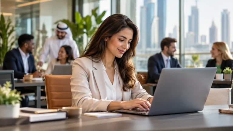Professional writing a clear workplace email in a multicultural office