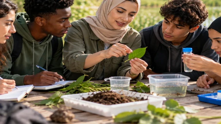 شباب يشاركون في تعلم عملي ضمن بيئة مجتمعية خارجية