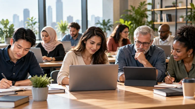 متعلمين يستخدمون الحواسيب والأجهزة الرقمية في بيئة تعلم إلكتروني