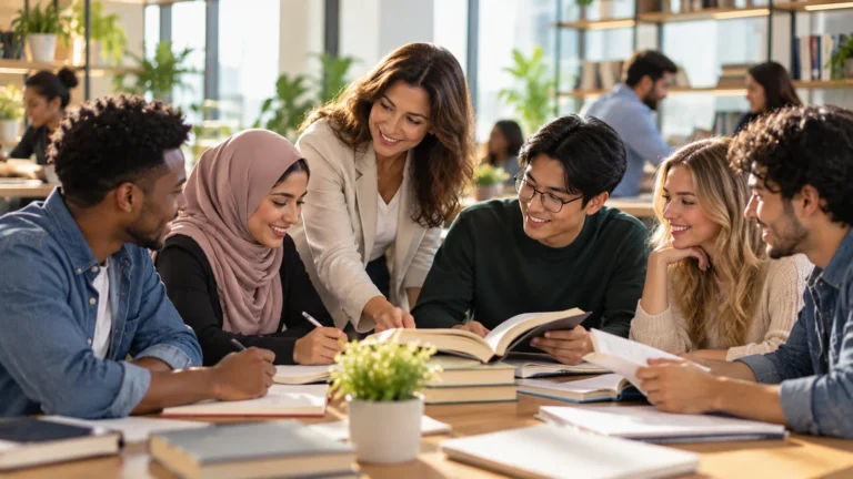 متعلمين يعملون معاً في بيئة تعليم حديثة مدعومة بالتقنية