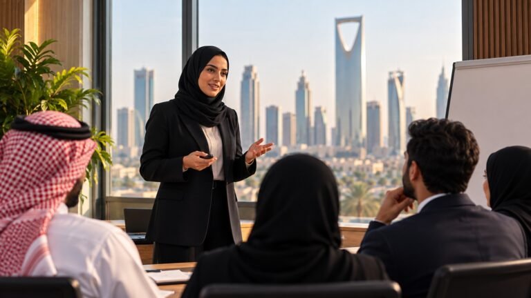 متحدث محترف يقدم عرضاً أمام فريق عمل متنوع