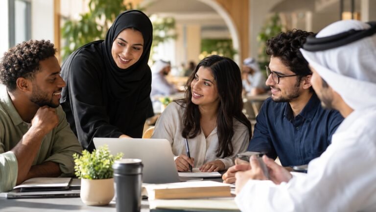 فريق مهني متنوع يناقش آداب التواصل في بيئة عمل خليجية وأفريقية